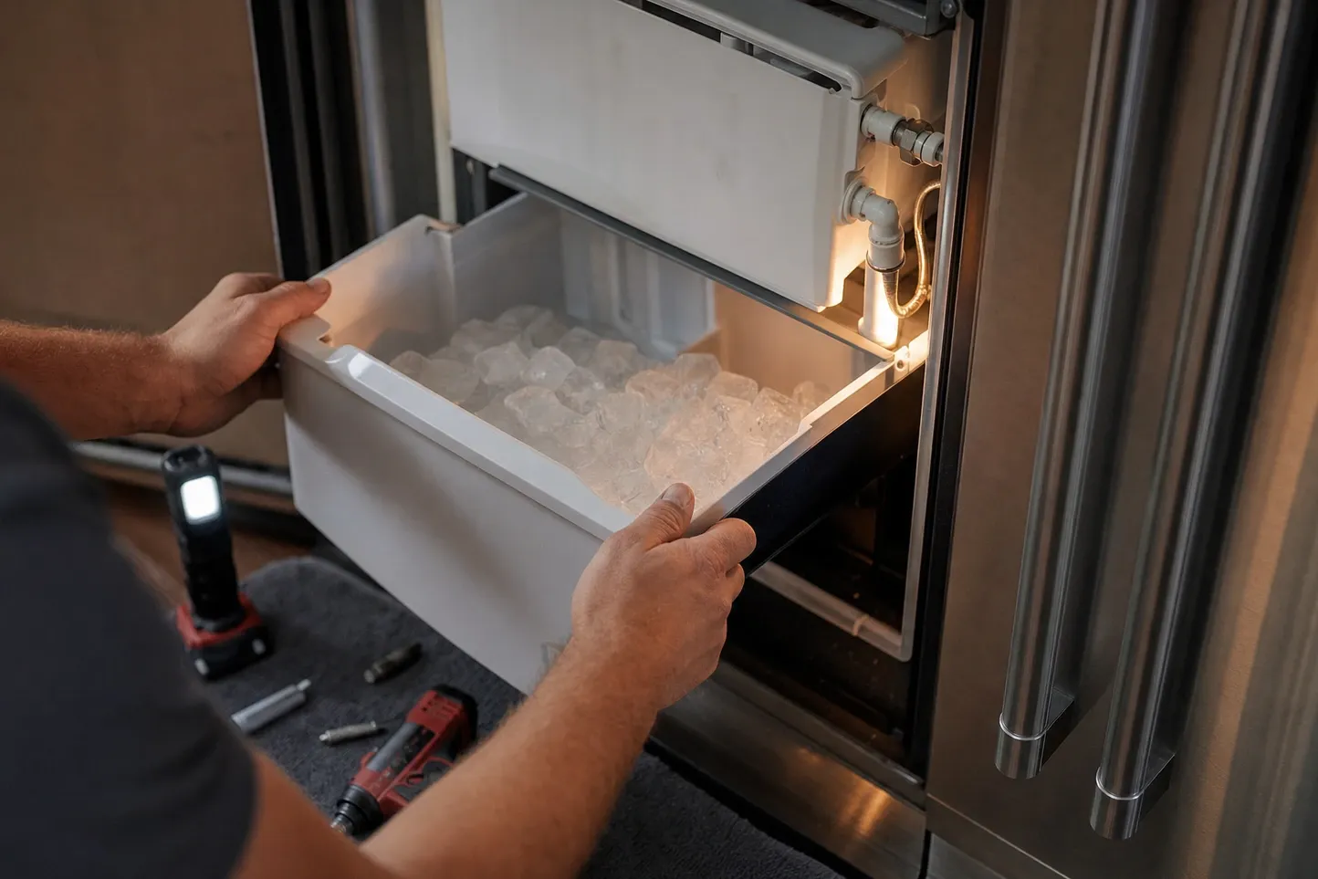 Hands pulling an ice drawer full of cubes out of a stainless built-in column, the ice maker module and its water line lit above